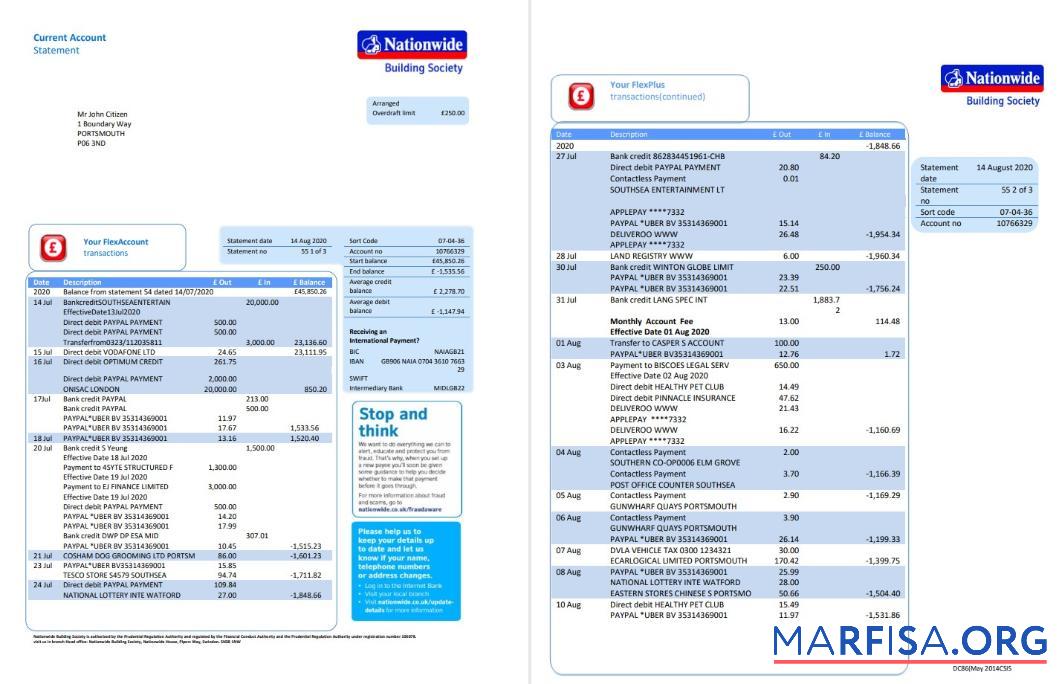 Downloadable United Kingdom Nationwide bank statement word (5 pages) download for verification